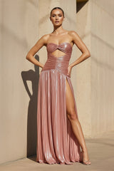 Metallic Pleated Gown With Cutout in Rose Gold
