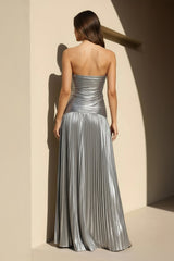 Metallic Pleated Gown With Cutout in Silver
