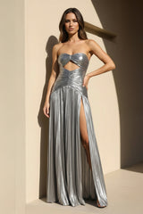 Metallic Pleated Gown With Cutout in Silver