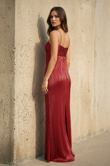 Metallic Pleated Maxi Dress in Red