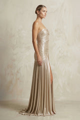 Metallic Pleated Maxi Dress With Slit in Champagne