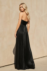 Metallic Strapless Maxi Dress With Slit in Black