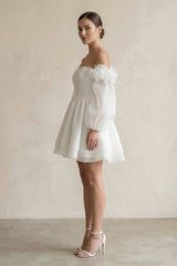 Off-the-Shoulder 3D-Flower Chiffon Long Sleeve Wedding Dress in Ivory