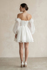 Off-the-Shoulder 3D-Flower Chiffon Long Sleeve Wedding Dress in Ivory