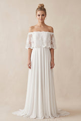 Off-the-Shoulder A-Line Chiffon Pleated Wedding Dress in White