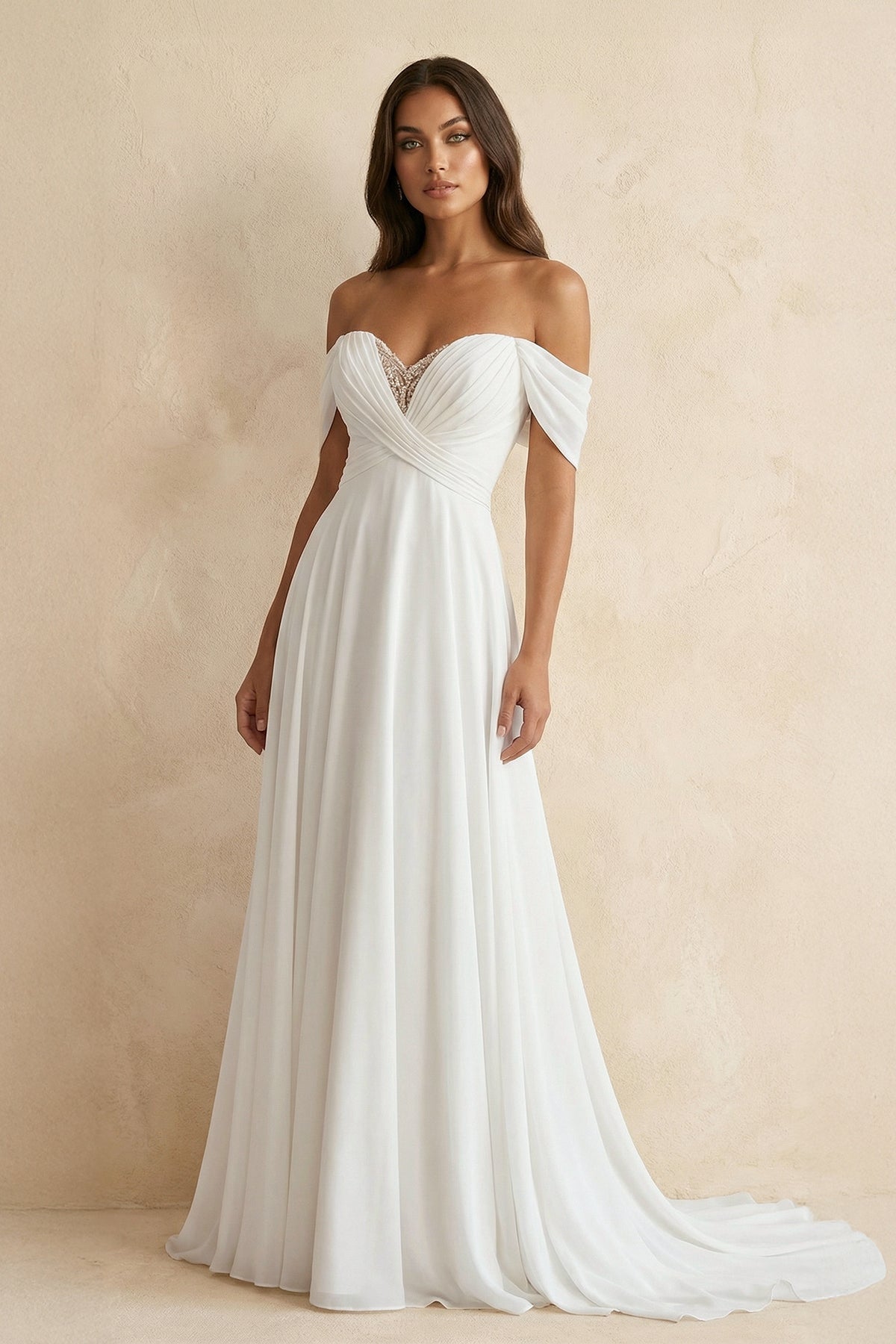 Off The Shoulder A Line Chiffon Wedding Dress in White