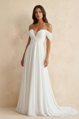 Off The Shoulder A Line Chiffon Wedding Dress in White