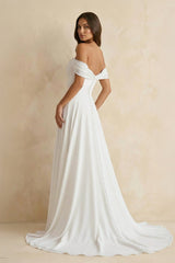 Off The Shoulder A Line Chiffon Wedding Dress in White