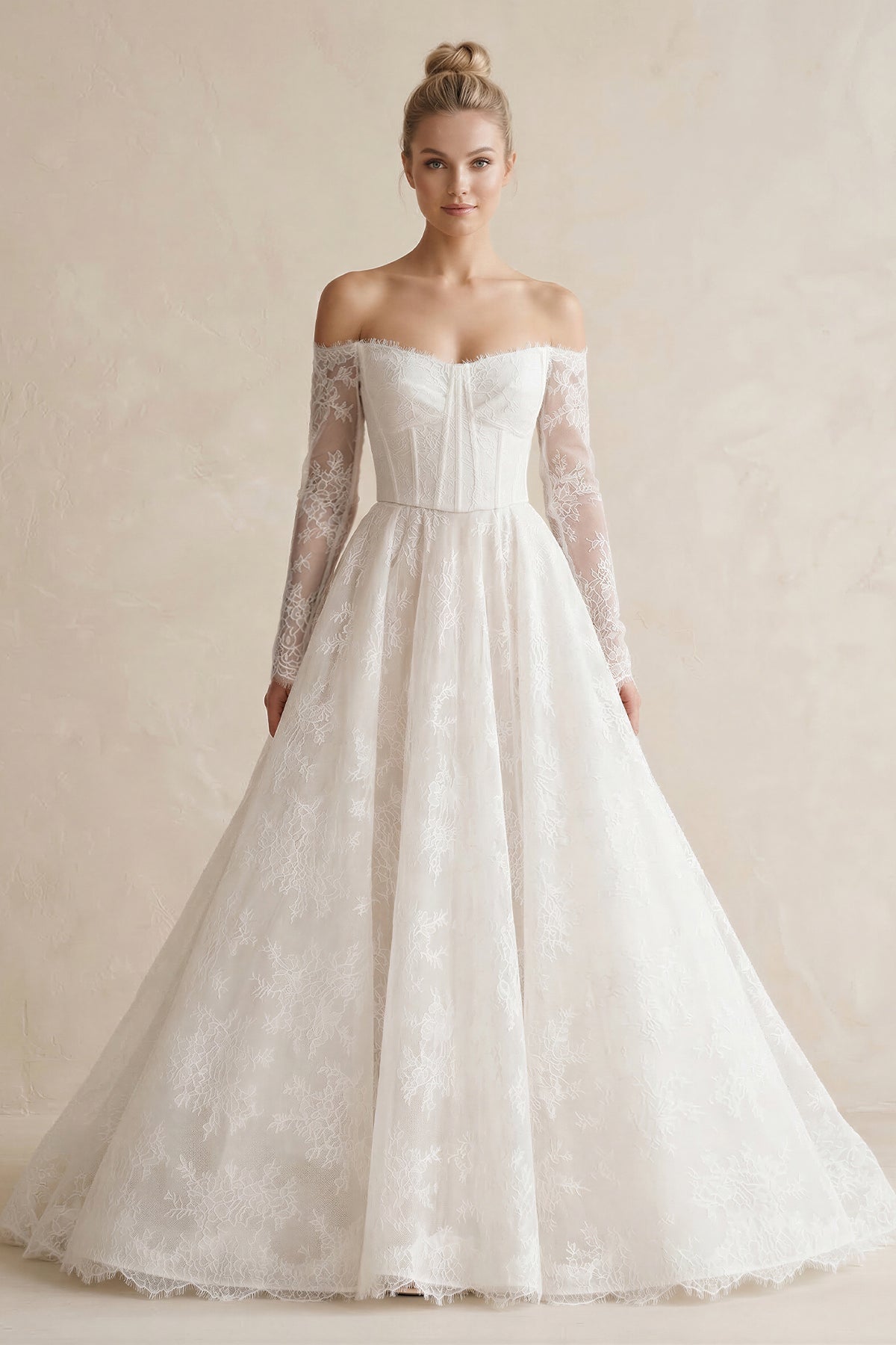 Off-the-Shoulder A-Line Lace Appliqued Wedding Dress in White
