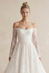 Off-the-Shoulder A-Line Lace Appliqued Wedding Dress in White