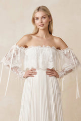 Off-the-Shoulder A-Line Pleated Appliqued Wedding Dress with Bow in Ivory