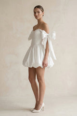 Off-the-Shoulder A-Line Ruffled Satin Pleated Mini Wedding Dress in White