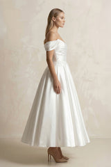 Off-the-Shoulder Ball-Gown Satin Midi Wedding Dress in White