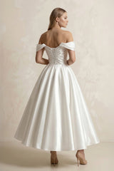 Off-the-Shoulder Ball-Gown Satin Midi Wedding Dress in White
