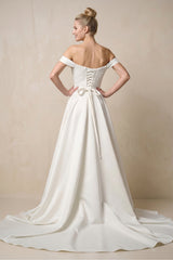 Off-the-Shoulder A-Line Satin Ruched Wedding Dress in White