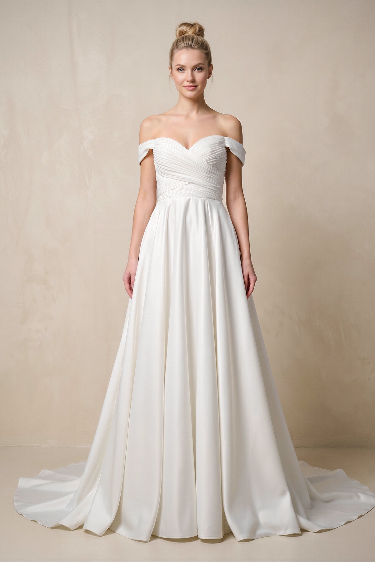 Off-the-Shoulder A-Line Satin Ruched Wedding Dress in White