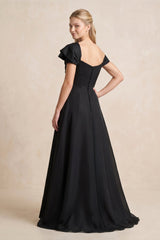 Off-the-Shoulder A-Line Satin Ruffled MaxiDress in Black