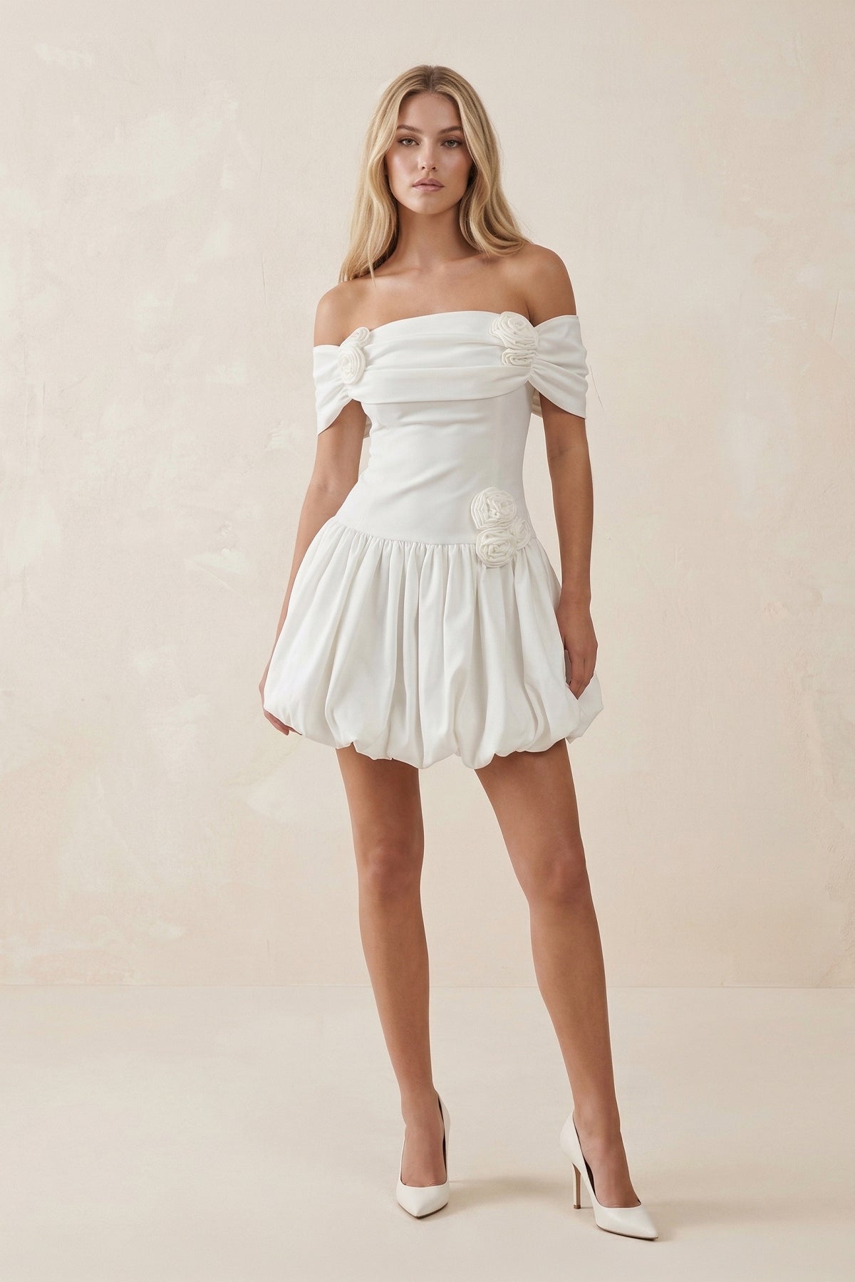 Off-the-Shoulder A-Line Satin Ruffled Mini Wedding Dress in White