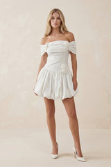 Off-the-Shoulder A-Line Satin Ruffled Mini Wedding Dress in White