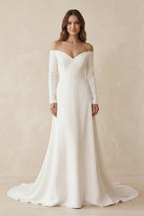 Off-the-Shoulder A-Line Satin Wedding Dress in White