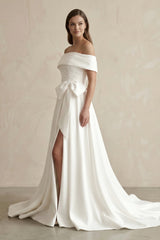 Off-the-Shoulder A-Line Satin Wedding Dress With Bow in White