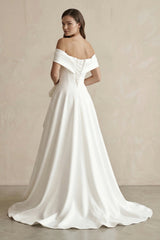 Off-the-Shoulder A-Line Satin Wedding Dress With Bow in White