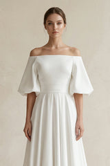 Off-the-Shoulder A-Line Satin Wedding Dress With Short Sleeves in White