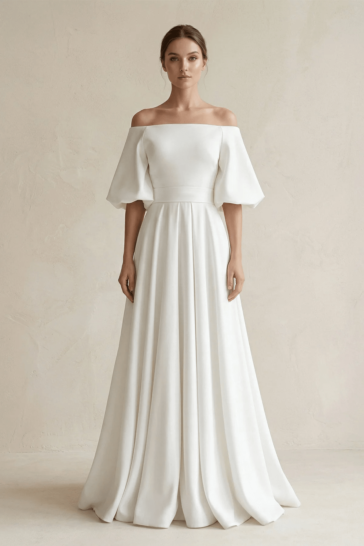 Off-the-Shoulder A-Line Satin Wedding Dress With Short Sleeves in White
