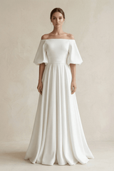 Off-the-Shoulder A-Line Satin Wedding Dress With Short Sleeves in White