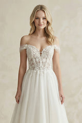 Off-the-Shoulder A-Line Tulle Appliqued Wedding Dress in White