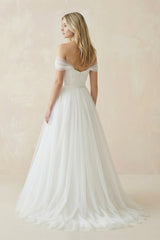 Off-the-Shoulder A-Line Tulle Pleated Wedding Dress in White