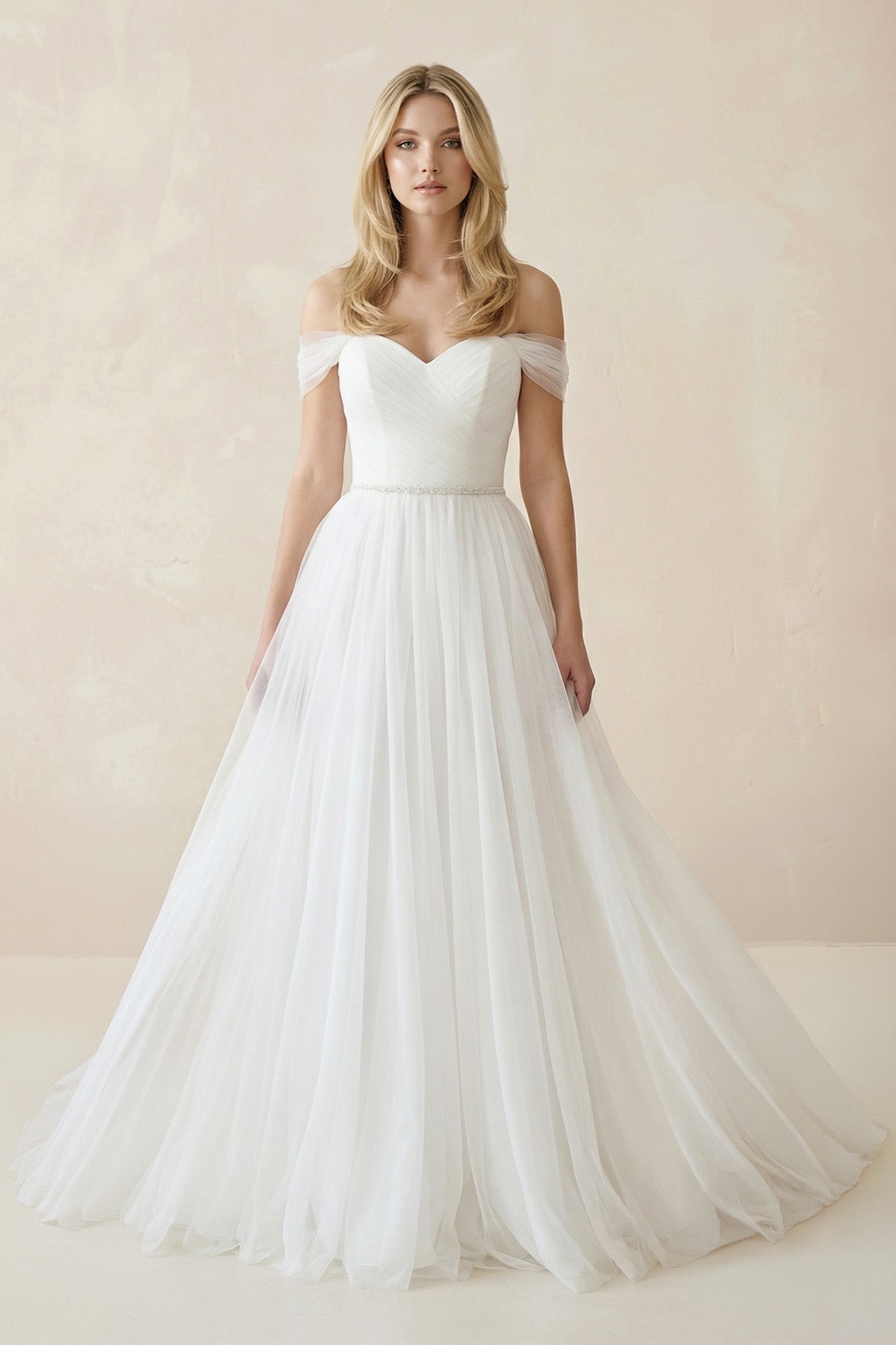 Off-the-Shoulder A-Line Tulle Pleated Wedding Dress in White