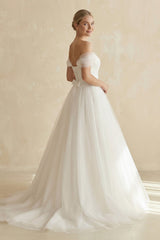 Off-the-Shoulder A-Line Tulle Wedding Dress in White
