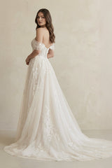 Off The Shoulder A Line Tulle Wedding Dress in Ivory