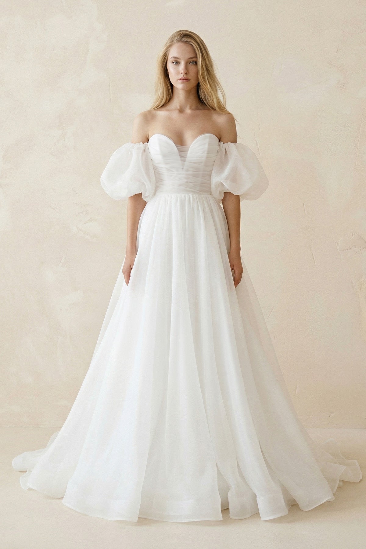 Off-the-Shoulder A-Line Tulle Wedding Dress With Puff Sleeves in White