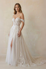 Off The Shoulder Appliqued Wedding Dress With Slit