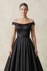 Off-the-Shoulder Boat Neck Satin A-Line Wedding Dress in Black