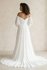 Off-the-Shoulder Chiffon A-Line Pleated Long Sleeve Wedding Dress in White