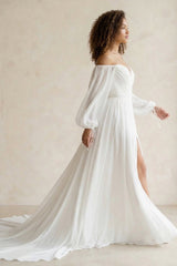 Off-the-Shoulder Chiffon A-Line Pleated Long Sleeve Wedding Dress in White