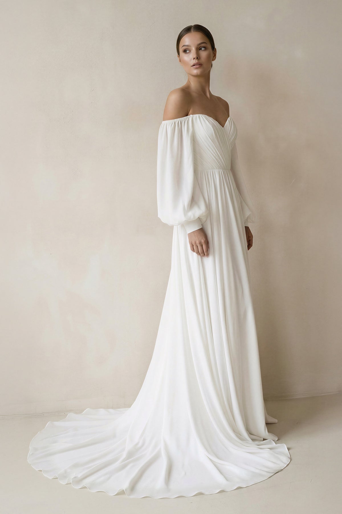Off the Shoulder Chiffon Long-Sleeve Wedding Dress