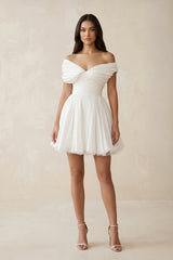 Off-the-Shoulder Chiffon Pleated A-Line Wedding Dress in Ivory
