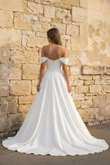 Off The Shoulder Chiffon Wedding Dress With Slit in White