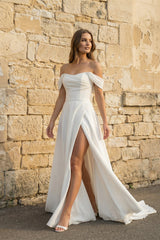 Off The Shoulder Chiffon Wedding Dress With Slit in White