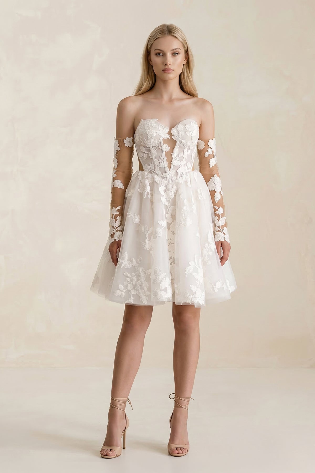 Off-the-Shoulder Flower Appliqued Tulle A-Line Mini Wedding Dress
