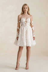 Off-the-Shoulder Flower Appliqued Tulle A-Line Mini Wedding Dress