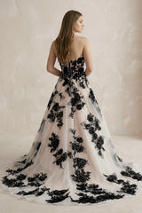 Off-the-Shoulder Flower Appliqued Tulle Wedding Dress in Black and Nude