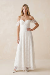 Off-the-Shoulder Lace A-Line Appliqued Wedding Dress in White