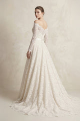 Off-the-Shoulder Lace Long Sleeve Bow Wedding Dress in Ivory