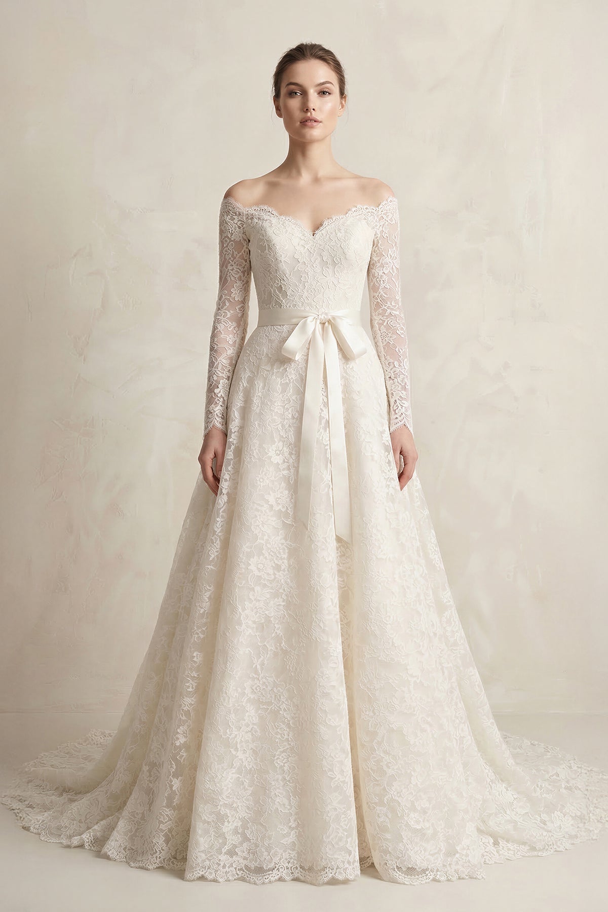 Off-the-Shoulder Lace Long Sleeve Bow Wedding Dress in Ivory