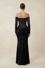 Off-the-Shoulder Lace Ruched Sheath Maxi Dress With Sleeves in Black